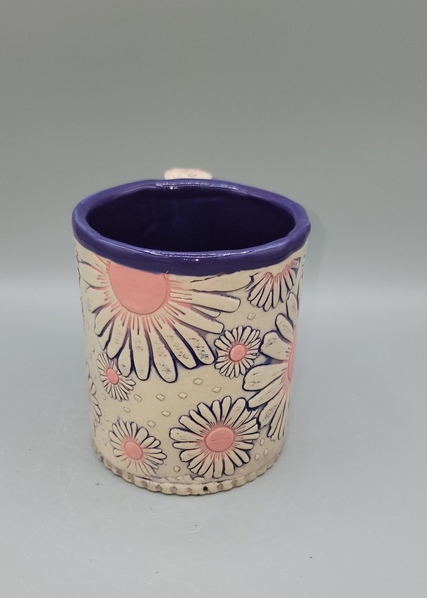 14-15oz Hand Painted, Embossed Purple Ombre Daisies Ceramic Mug